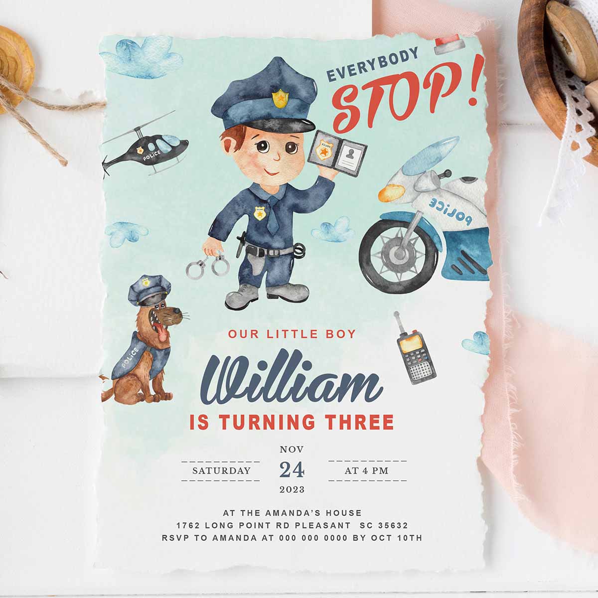 Heroes in Blue! Police Birthday Invitation Boy's Birthday Invites
