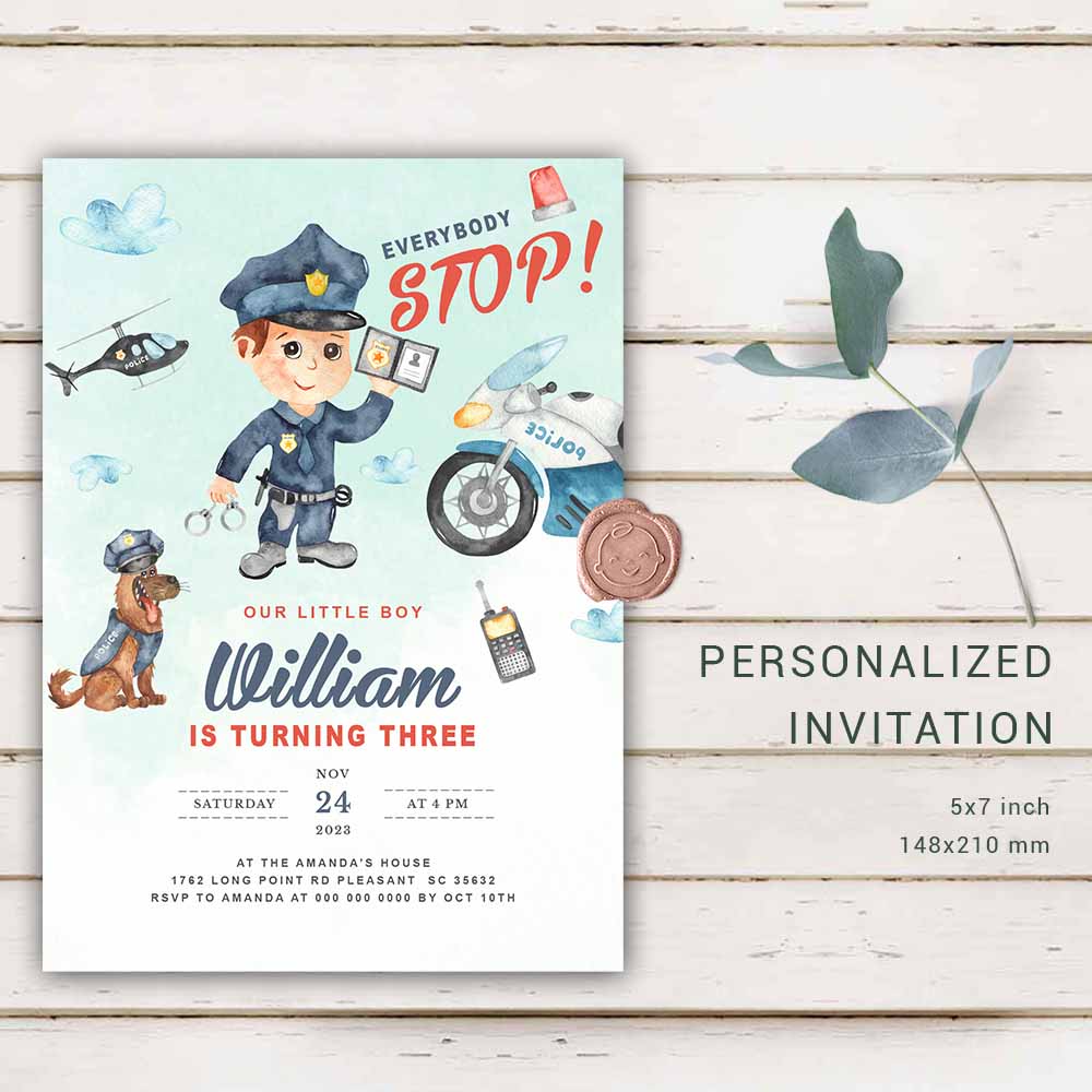 Personalized Police Birthday Invitation Boy's Birthday Invites