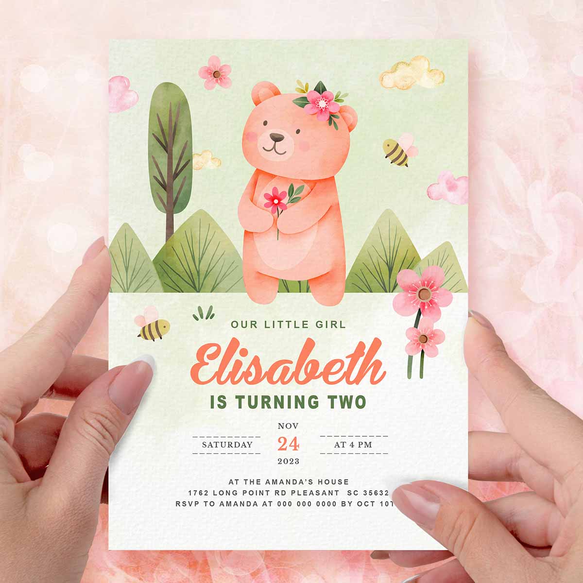 Bear Birthday Invitation  Girl's Birthday Invite