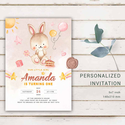 Personalized Bunny Birthday Invitation  Girl's Forest Birthday Invites