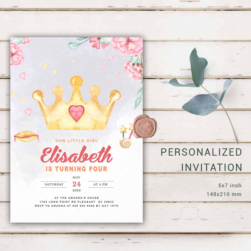 Personalized Crown Birthday Invitation  Girl's Princess Birthday Invites